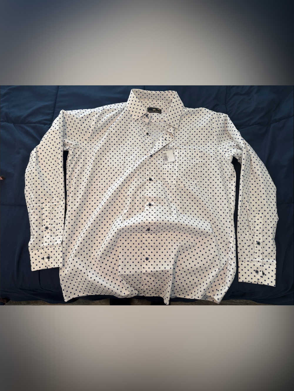 Men's White Long-Sleeve Dress Shirt with Navy Dot Print